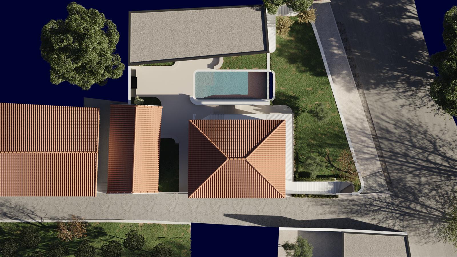 Simulação 3D do conjunto visto de cima, com a piscina