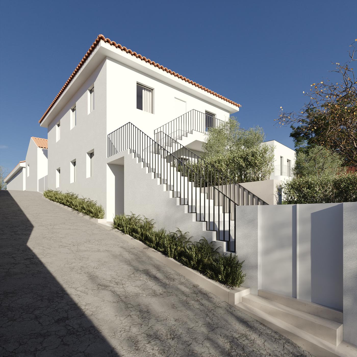 Simulação 3D da escada exterior de acesso a uma das casas