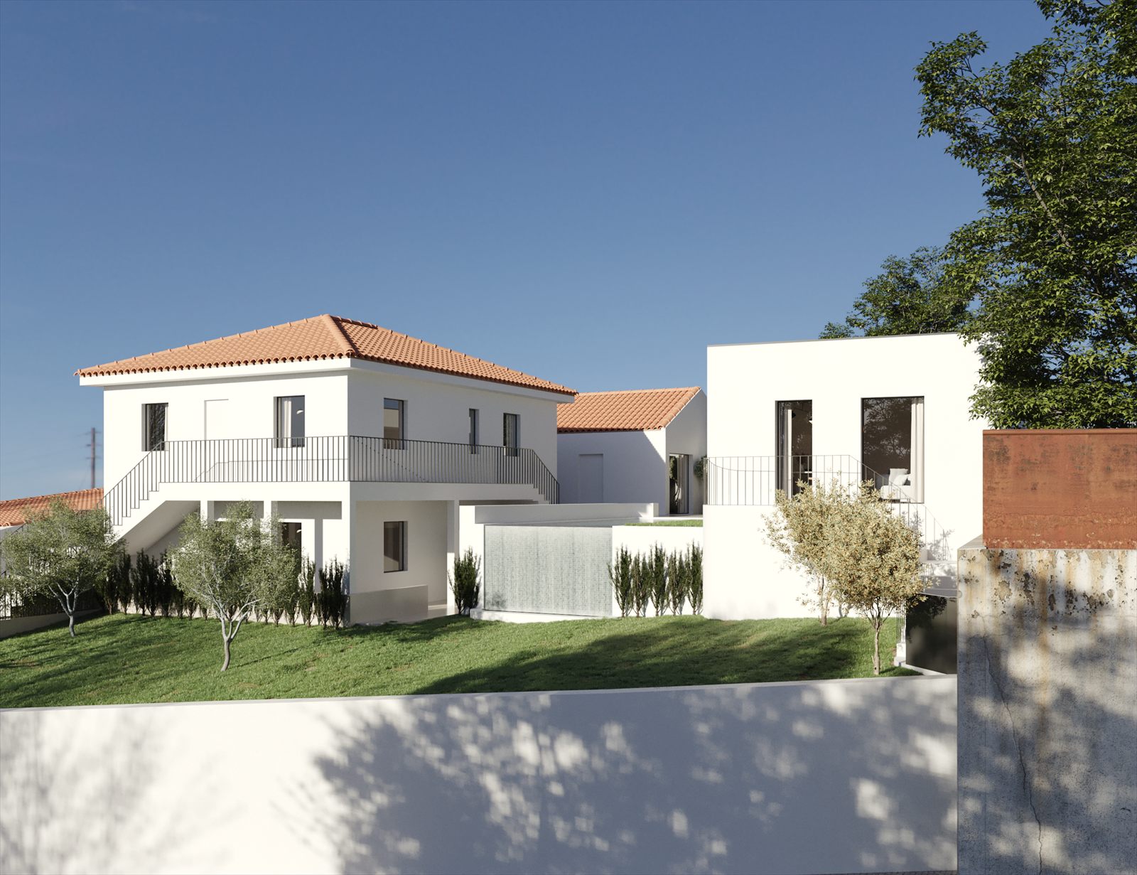 Simulação 3D do conjunto visto do jardim