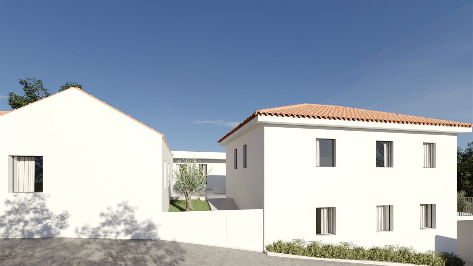 Simulação 3D da passagem entre as casas, vista da rua