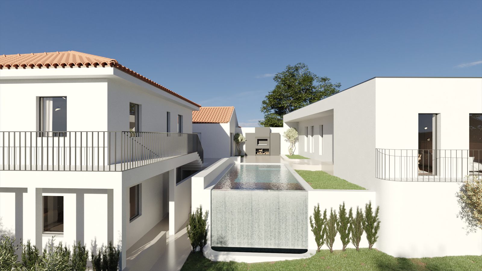 Simulação 3D do pátio com piscina e churrasqueira na Rua da Lage