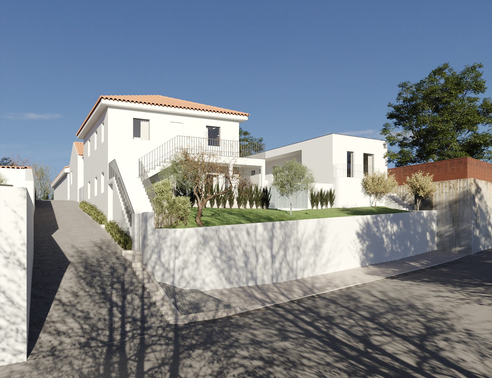 Simulação 3D das casas vistas da rua, com a rampa de acesso